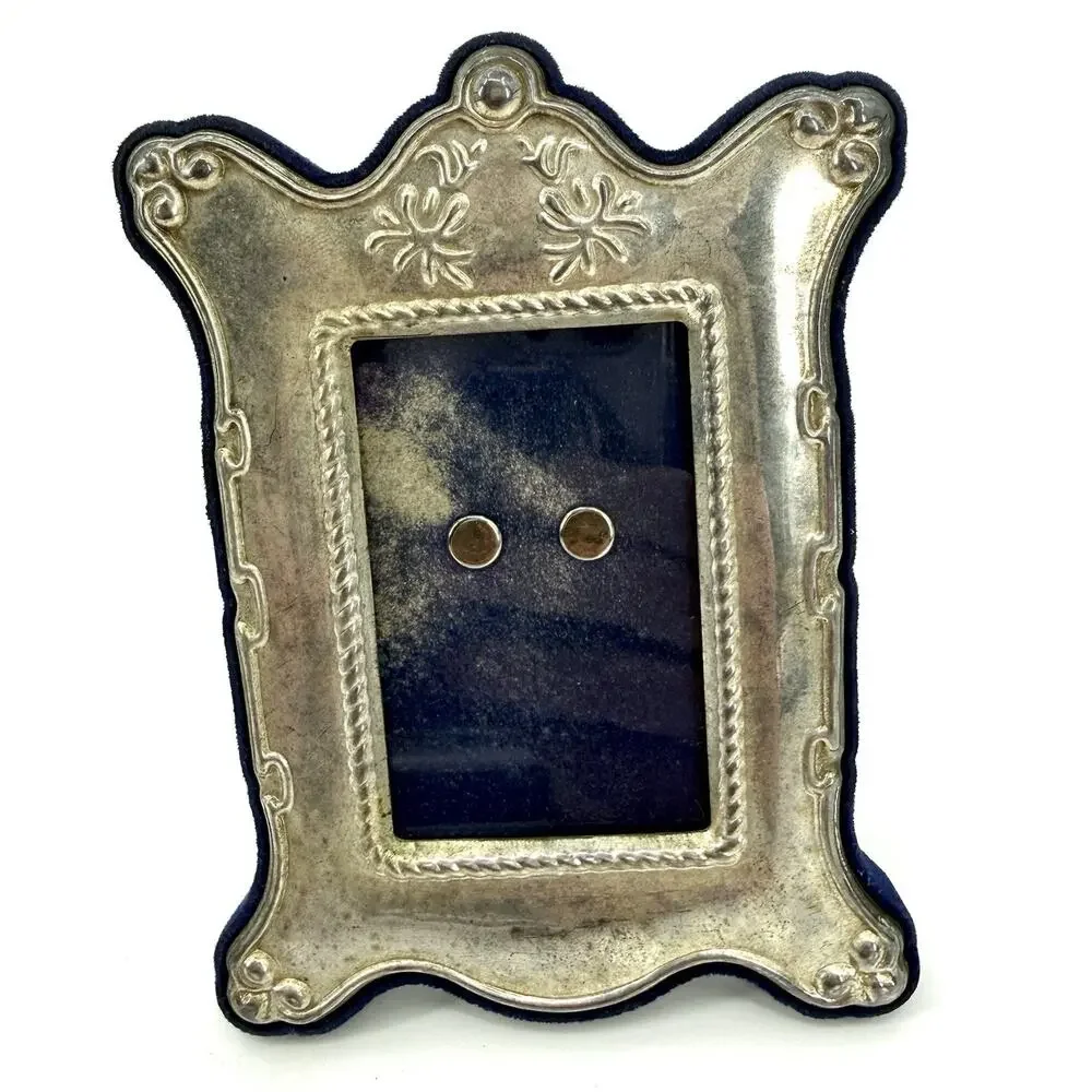 Small VTG Silver Plate Repousse Picture Frame Navy Velvet Scrolls 4.75” X 3.75”